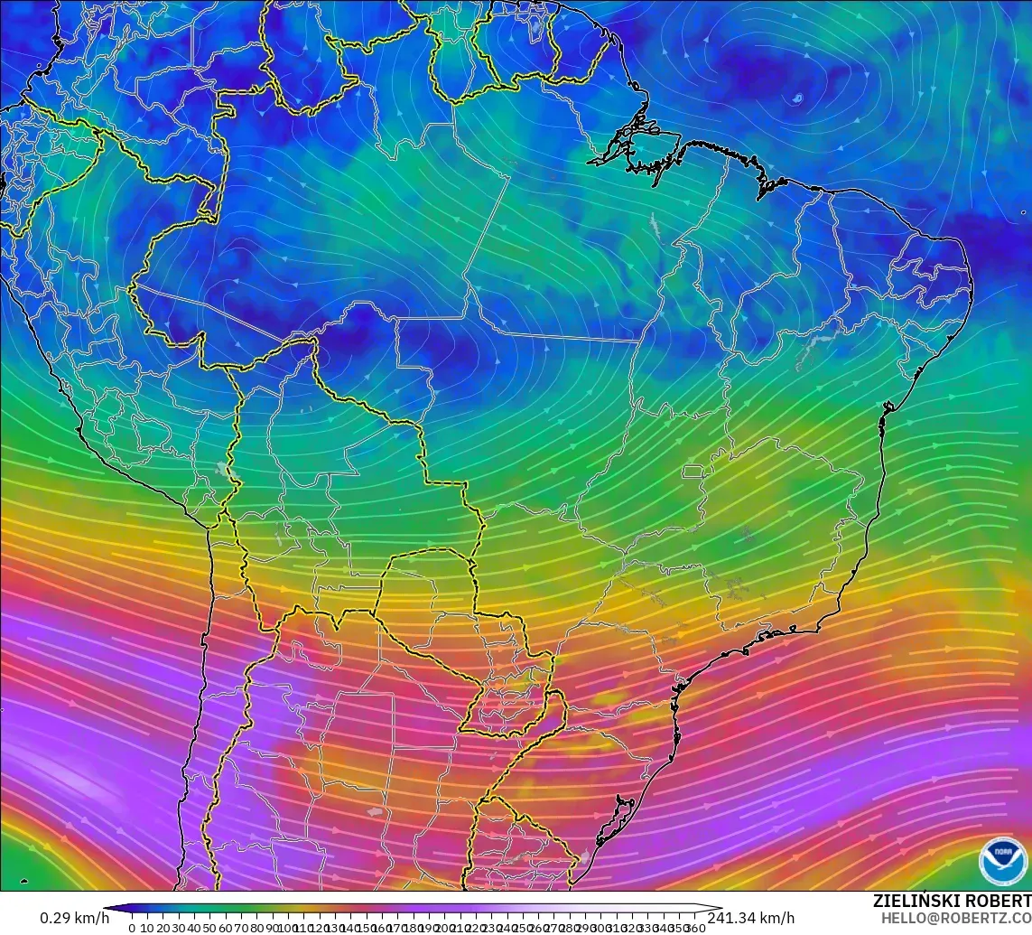 GFS model - Brazil, Wind at 300hPa (jet stream)