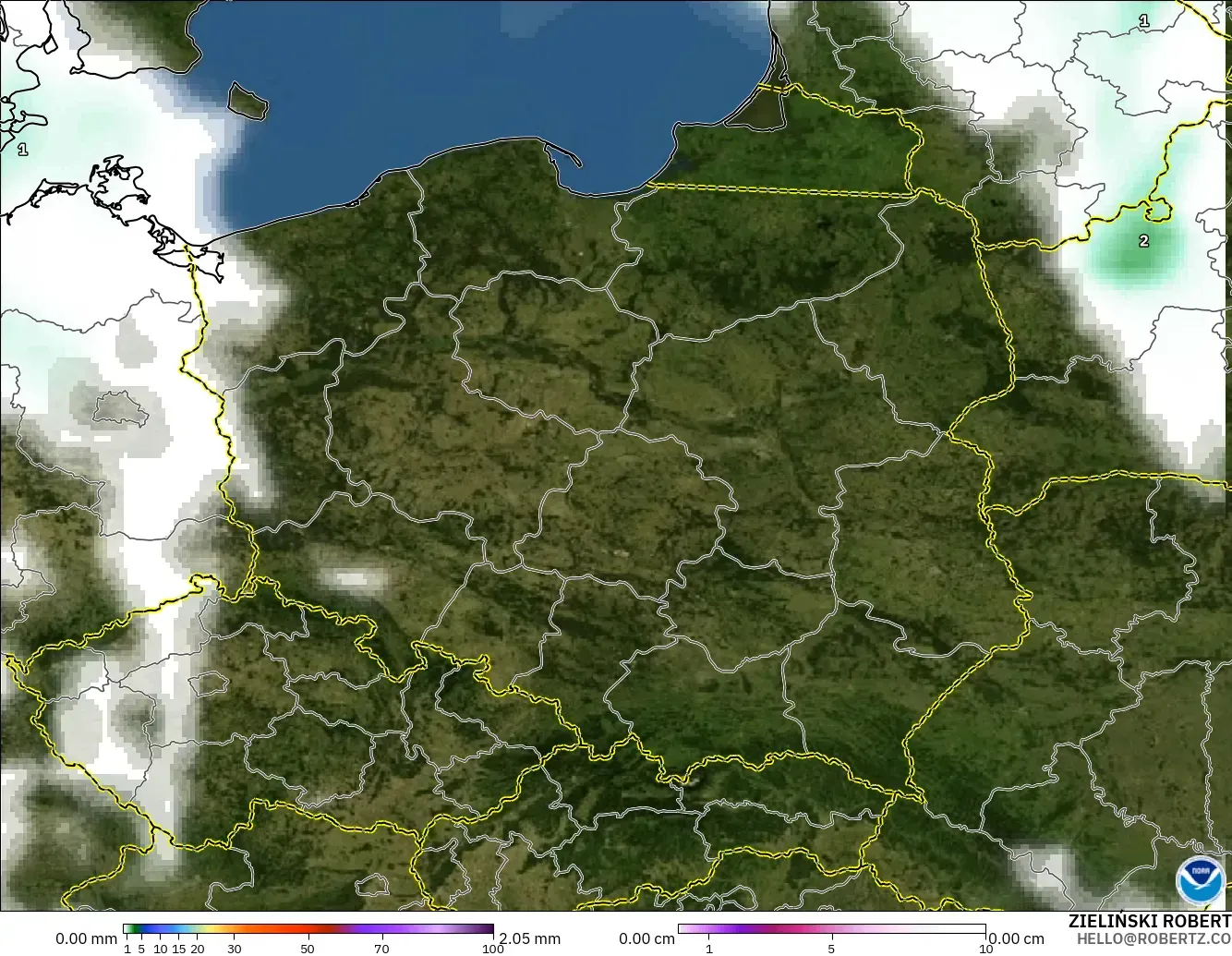 GFS model - Poland, Precipitation, Clouds, and Pressure