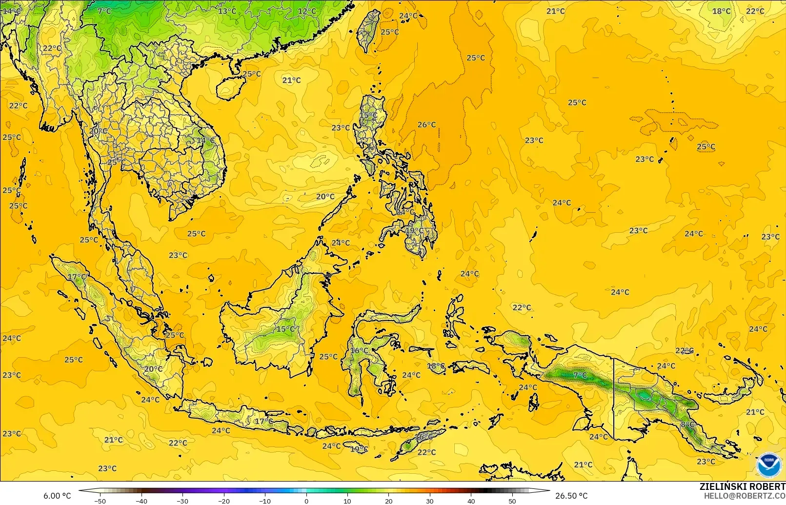 GFS model - South East Asia, Dewpoint at 2m