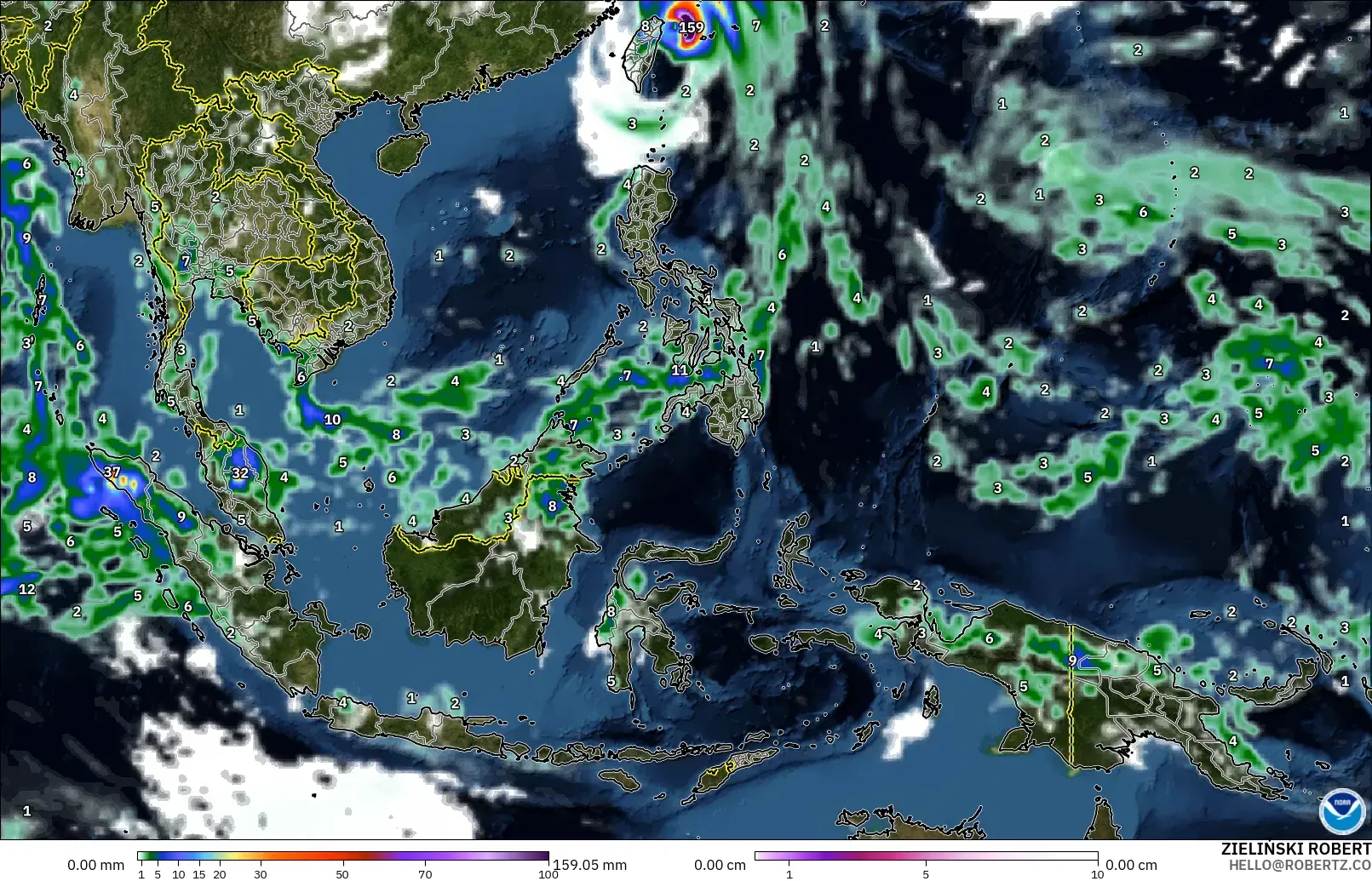 GFS model - South East Asia, Precipitation, Clouds, and Pressure