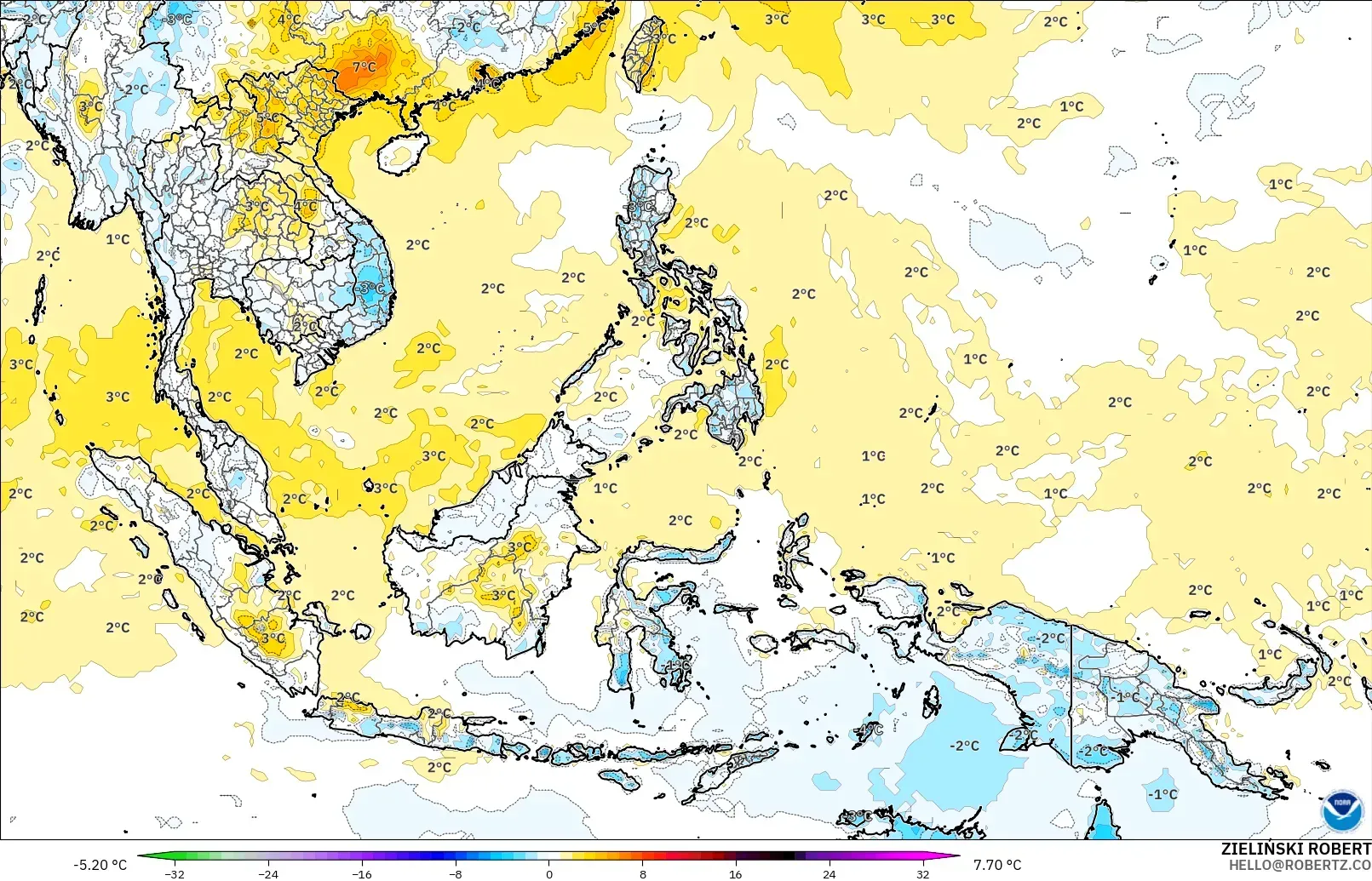 GFS model - South East Asia, Temperature at 2m Anomaly