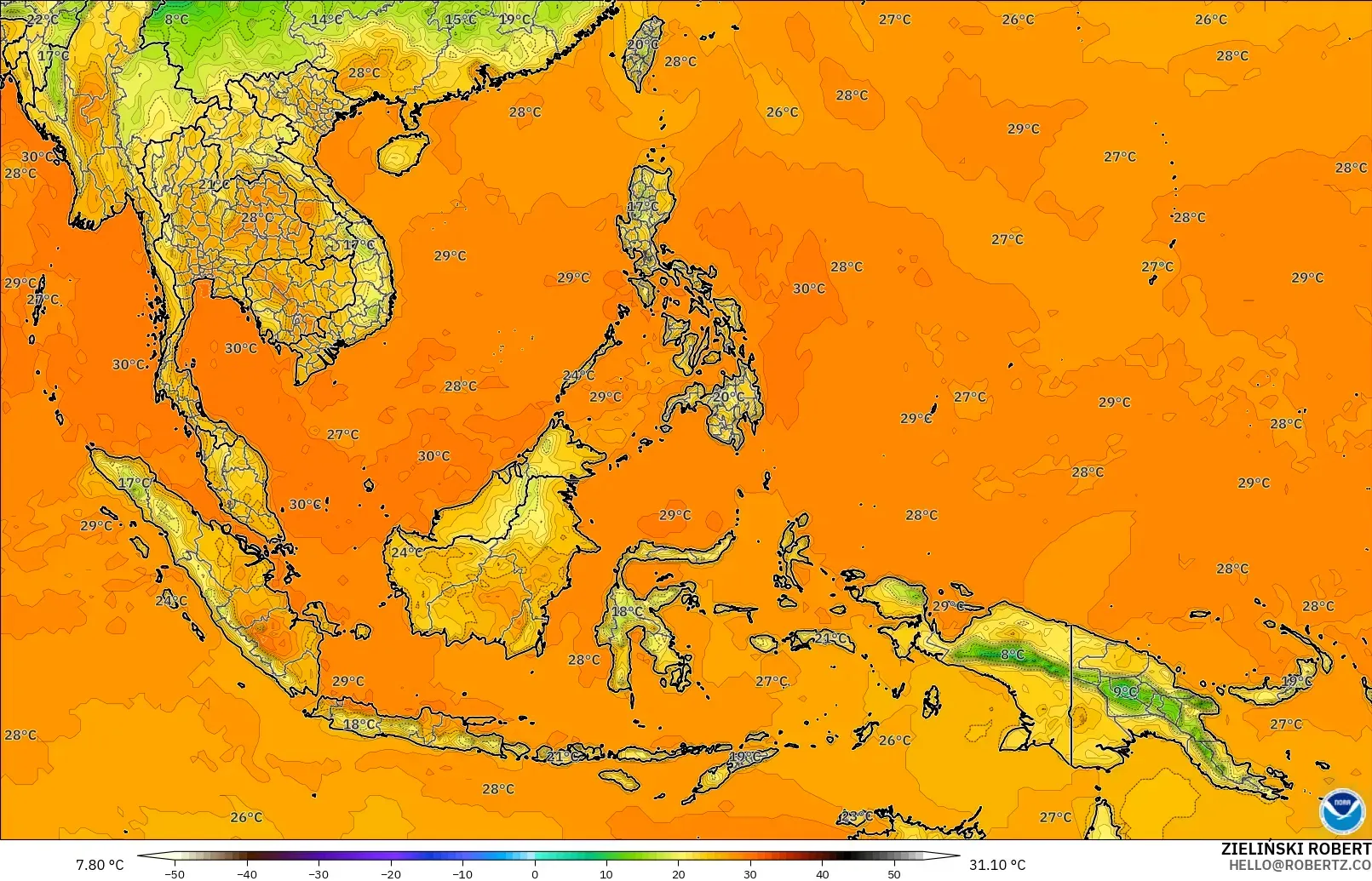 GFS model - South East Asia, Temperature at 2m