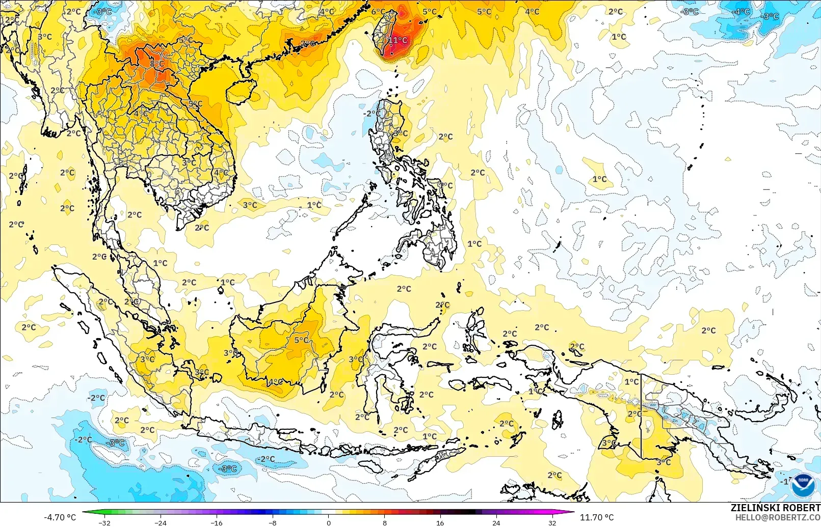 GFS model - South East Asia, Temperature at 850hPa Anomaly
