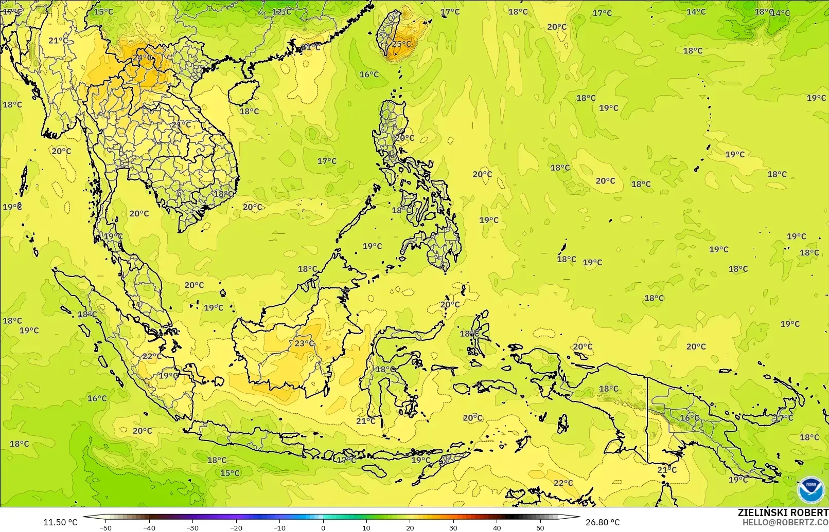 GFS model - South East Asia, Temperature at 850hPa