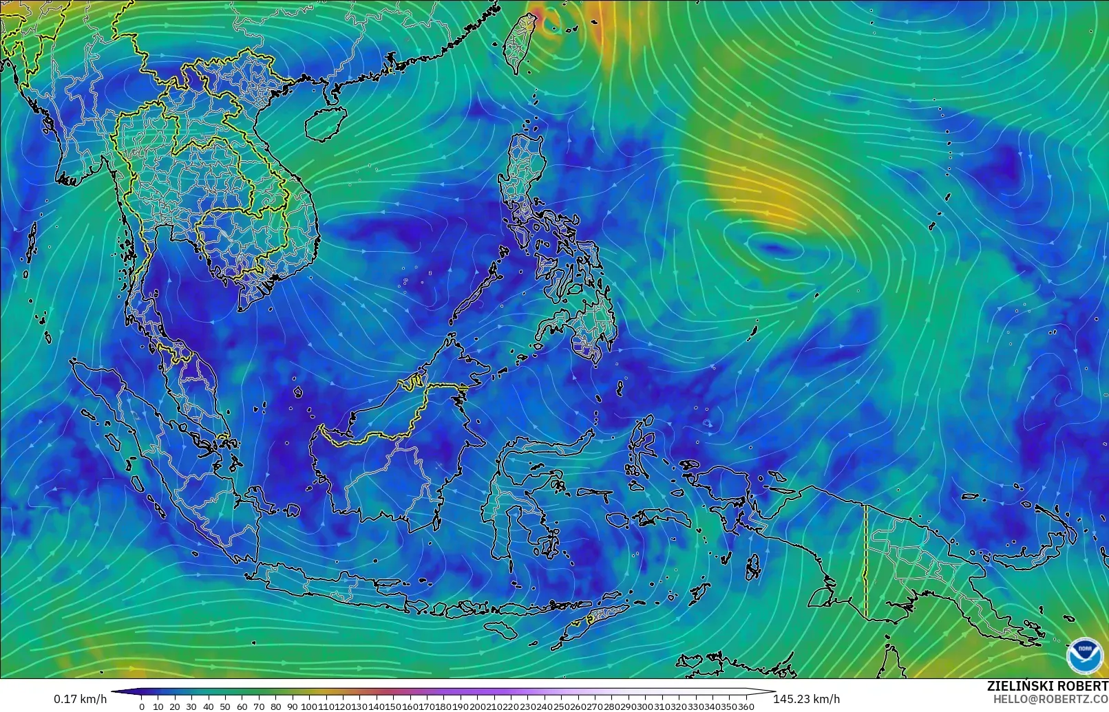 GFS model - South East Asia, Wind at 300hPa (jet stream)