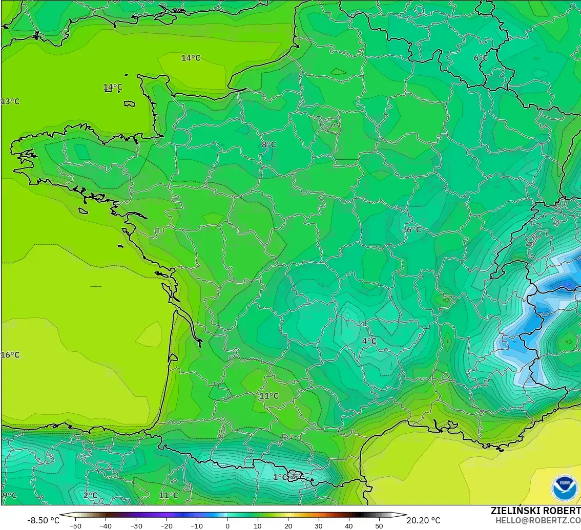 GFS model - France, Temperature at 2m