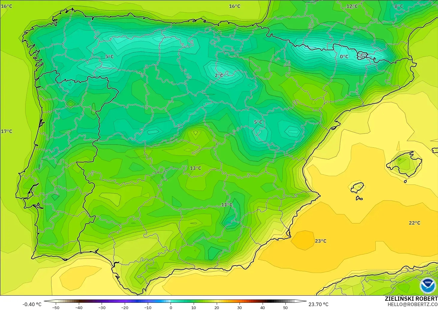GFS model - Spain, Temperature at 2m