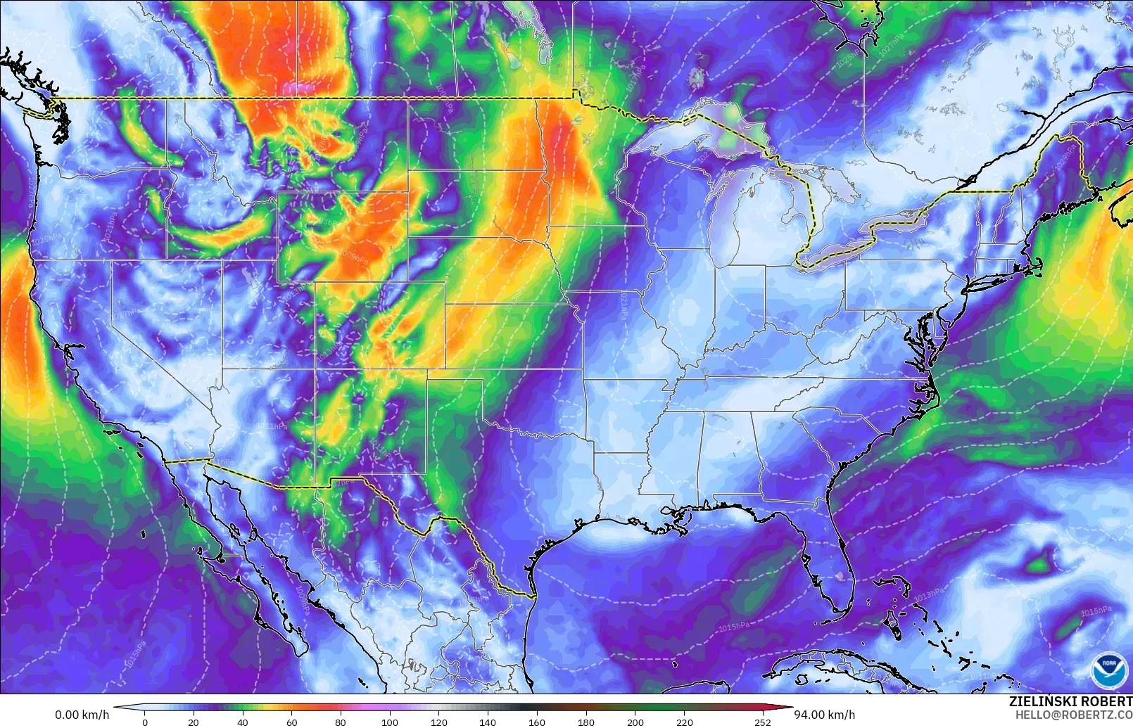 GFS model - United States, Wind Gusts