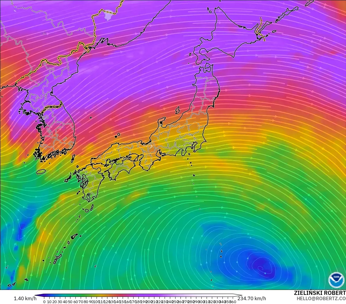 GFS model - Japan, Wind at 300hPa (jet stream)