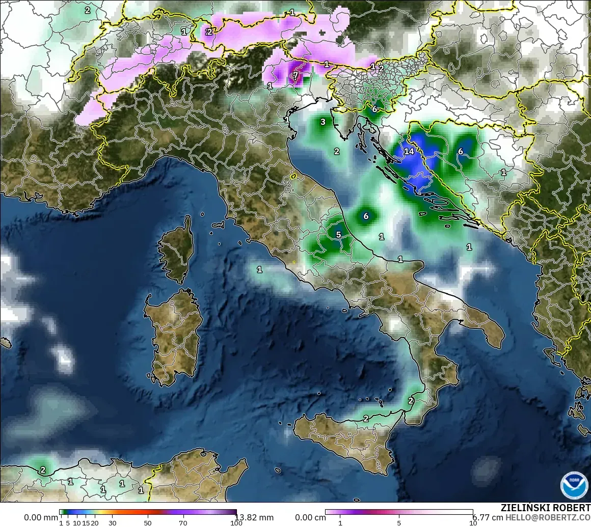 GFS model - Italy, Precipitation, Clouds, and Pressure