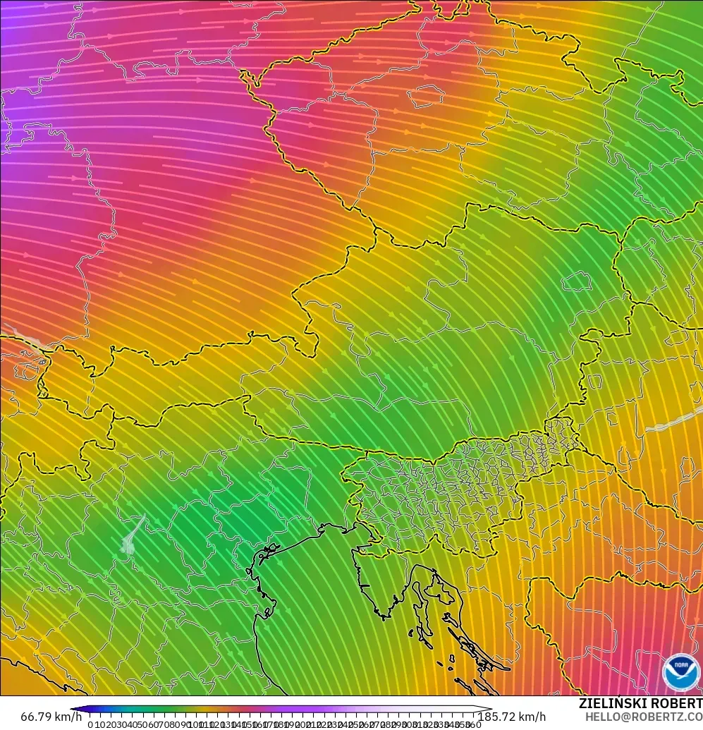 GFS model - Austria, Wind at 300hPa (jet stream)