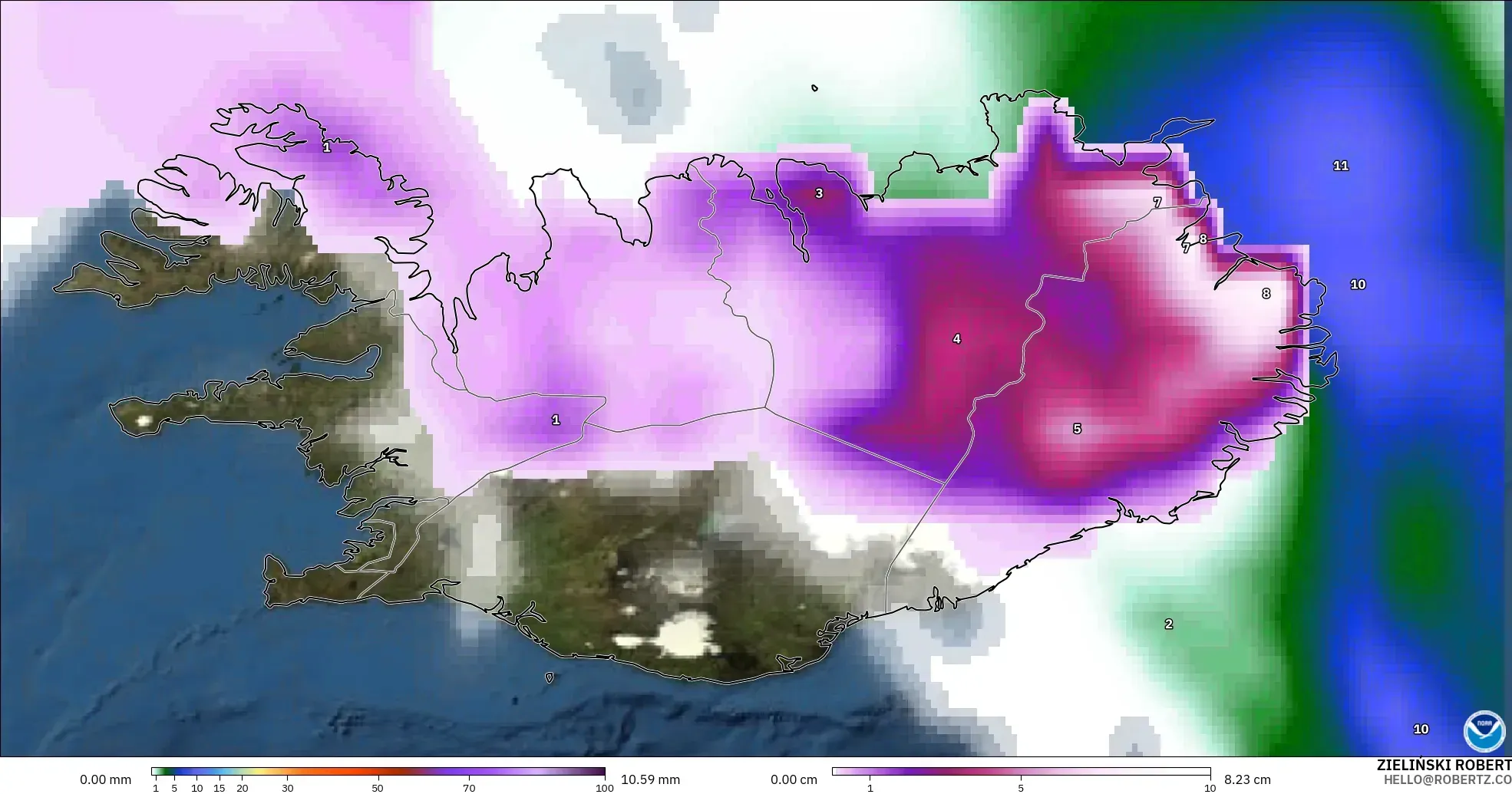 GFS model - Iceland, Precipitation, Clouds, and Pressure