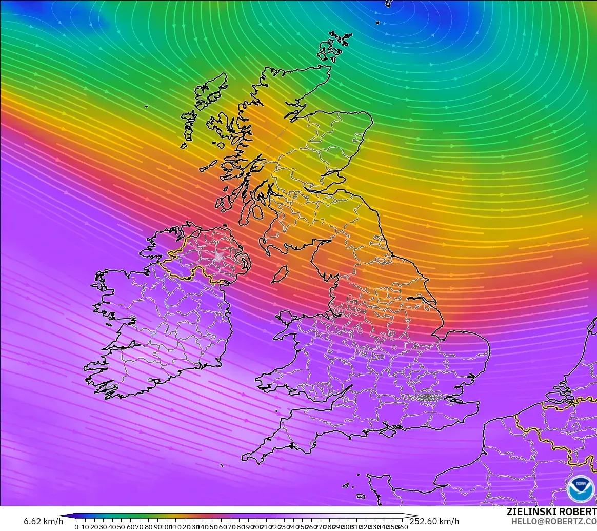 GFS model - United Kingdom, Wind at 300hPa (jet stream)