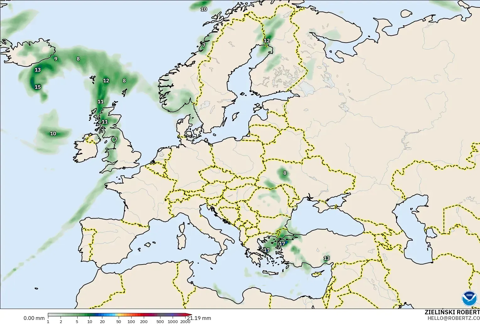 GFS model - Europe, Precipitation Accumulation