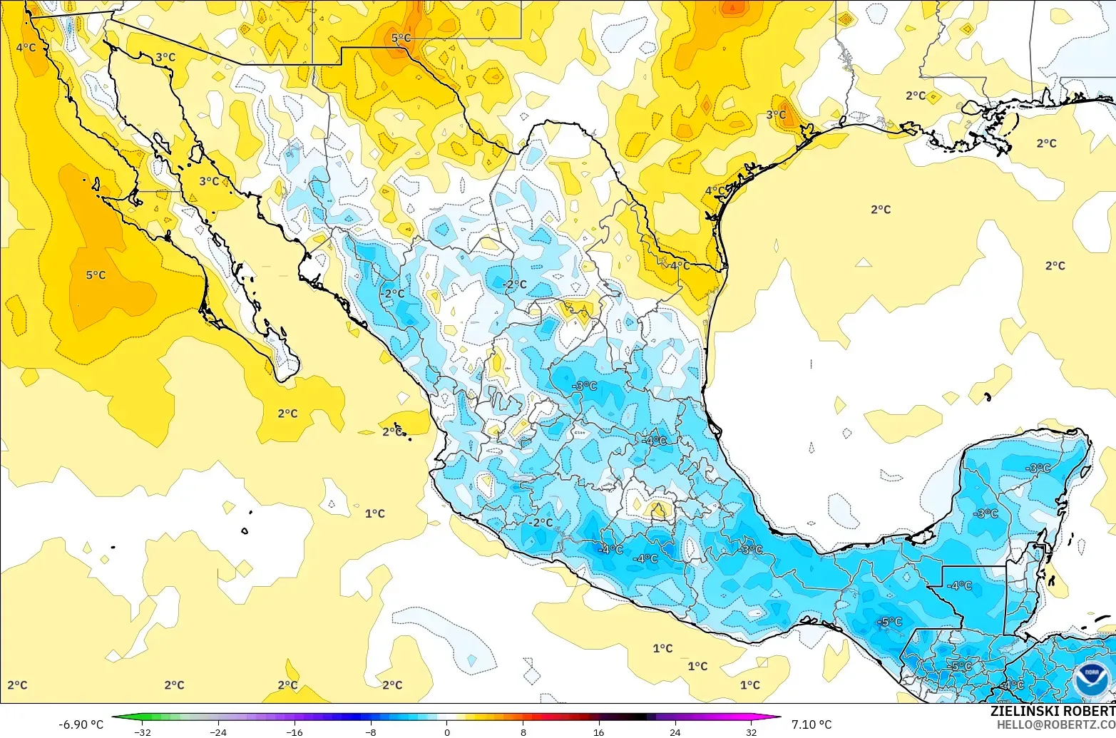 GFS model - Mexico, Temperature at 2m Anomaly