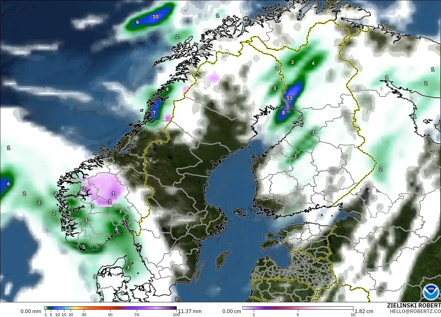 GFS model - Scandinavia, Precipitation, Clouds, and Pressure