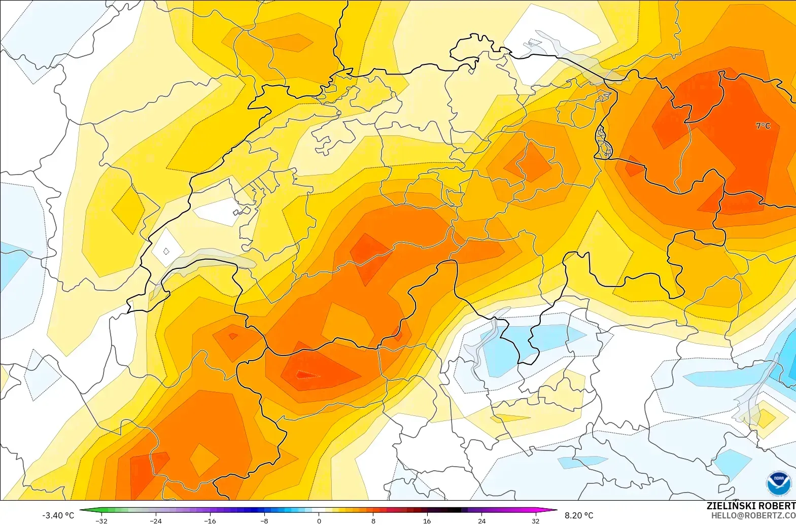 GFS model - Switzerland, Temperature at 2m Anomaly
