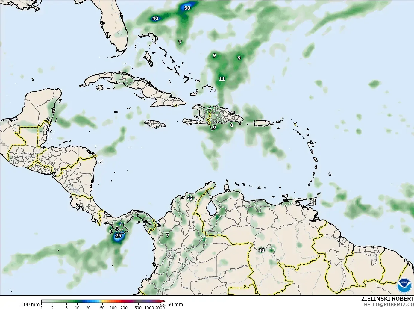 GFS model - Caribbean, Precipitation Accumulation