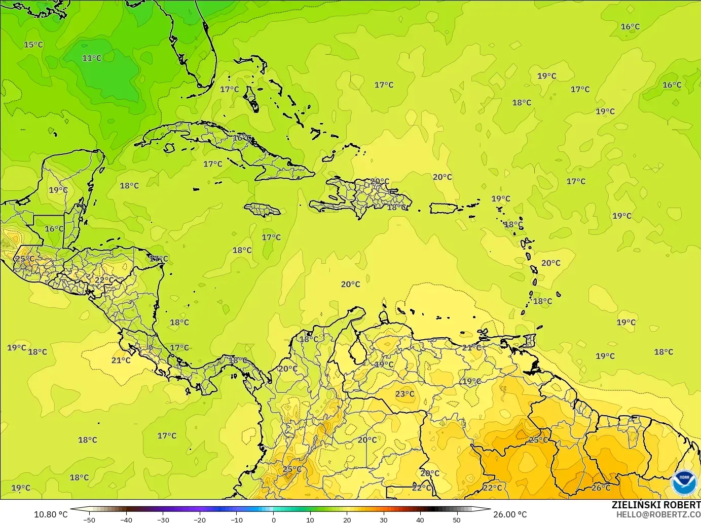 GFS model - Caribbean, Temperature at 850hPa