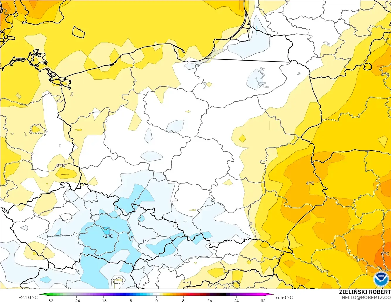 GFS model - Poland, Temperature at 2m Anomaly