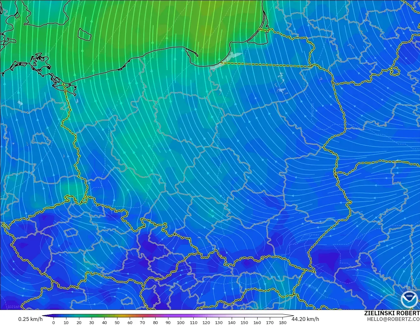 GFS model - Poland, Wind at 10m