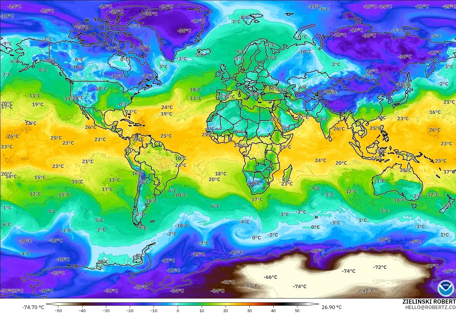 GFS model - World, Dewpoint at 2m