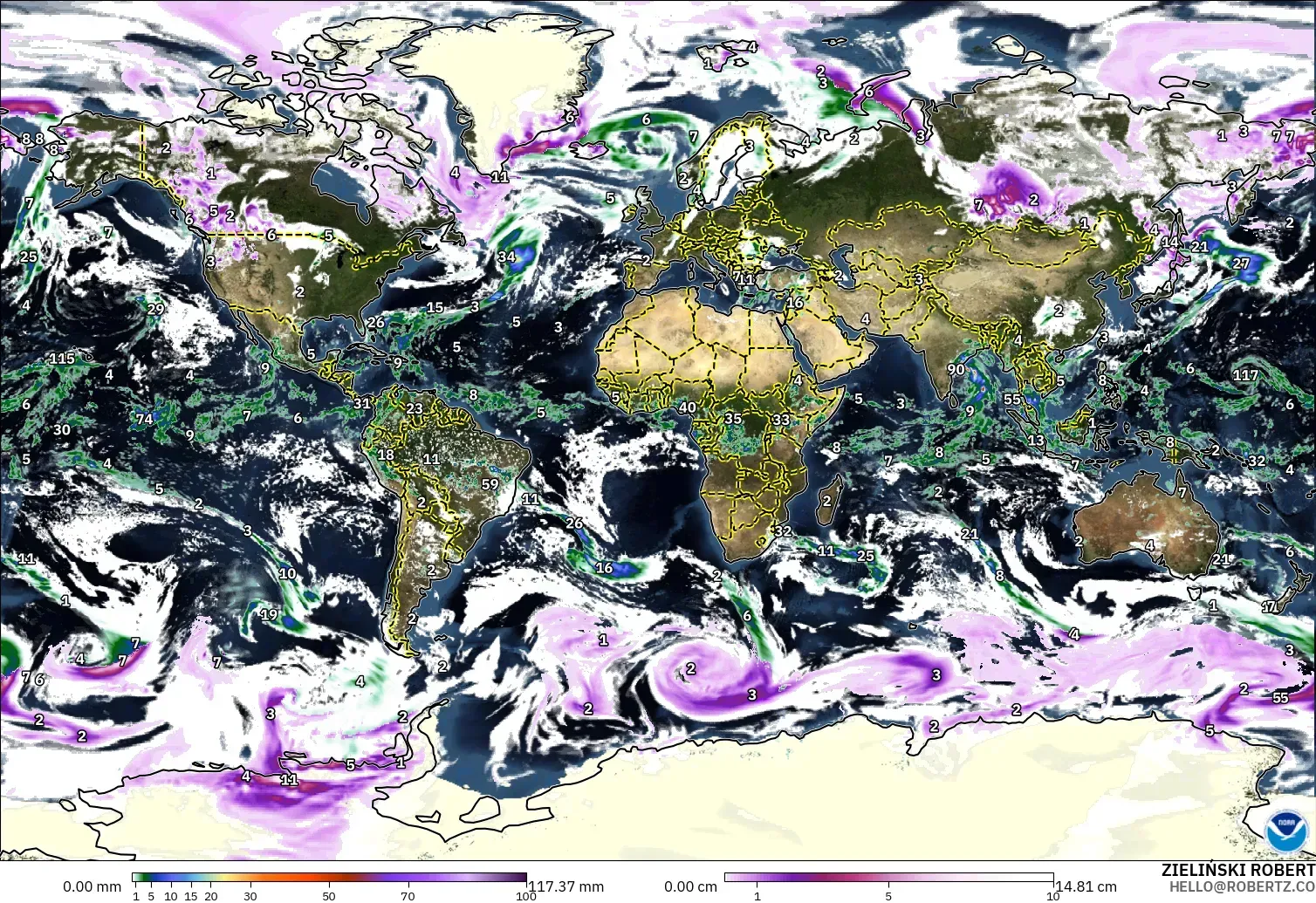 GFS model - World, Precipitation, Clouds, and Pressure