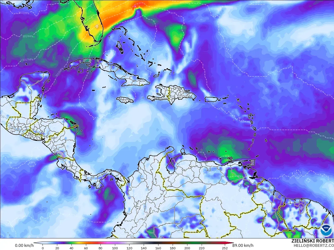 GFS model - Caribbean, Wind Gusts Peak