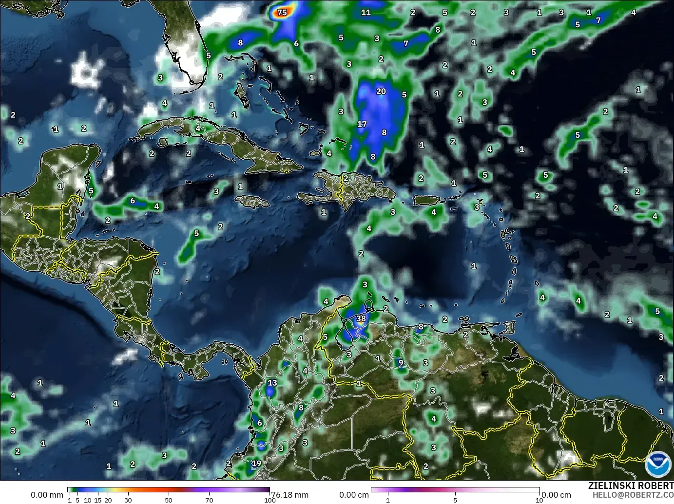 GFS model - Caribbean, Precipitation, Clouds, and Pressure