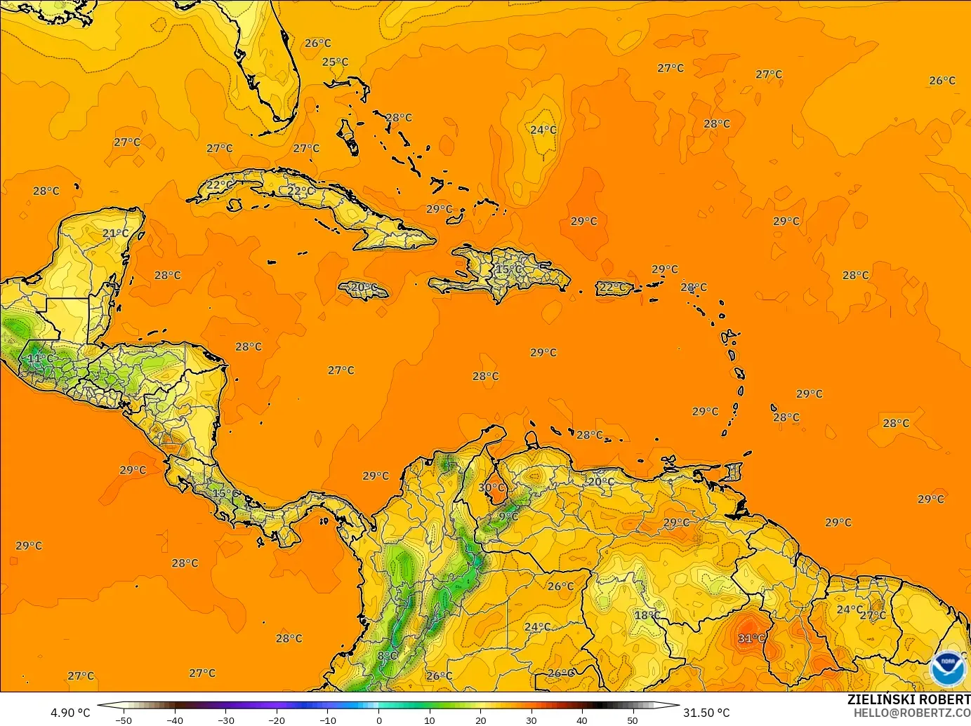 GFS model - Caribbean, Temperature at 2m
