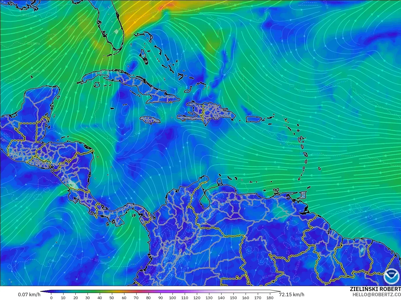 GFS model - Caribbean, Wind at 10m