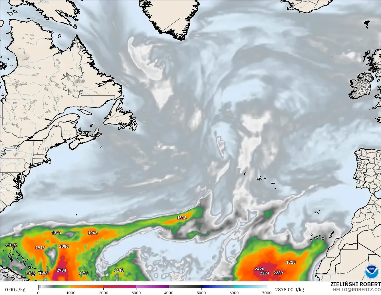 GFS model - North Atlantic, CAPE