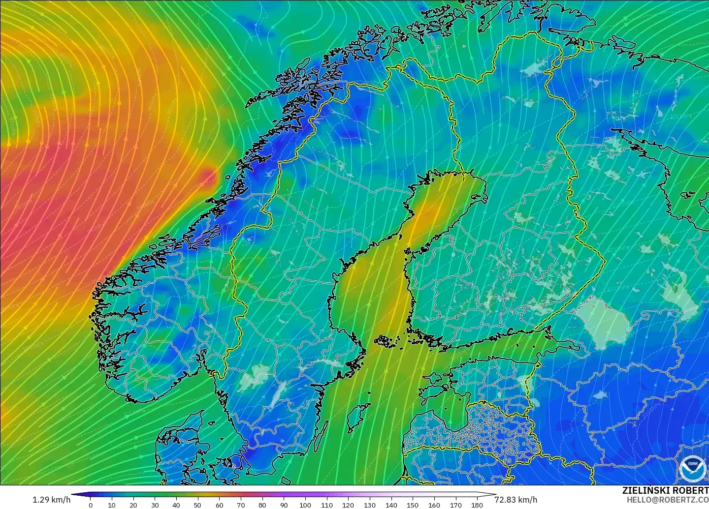 GFS model - Scandinavia, Wind at 10m