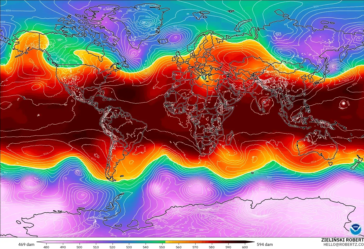 GFS model - World, Geopotential height at 500hPa