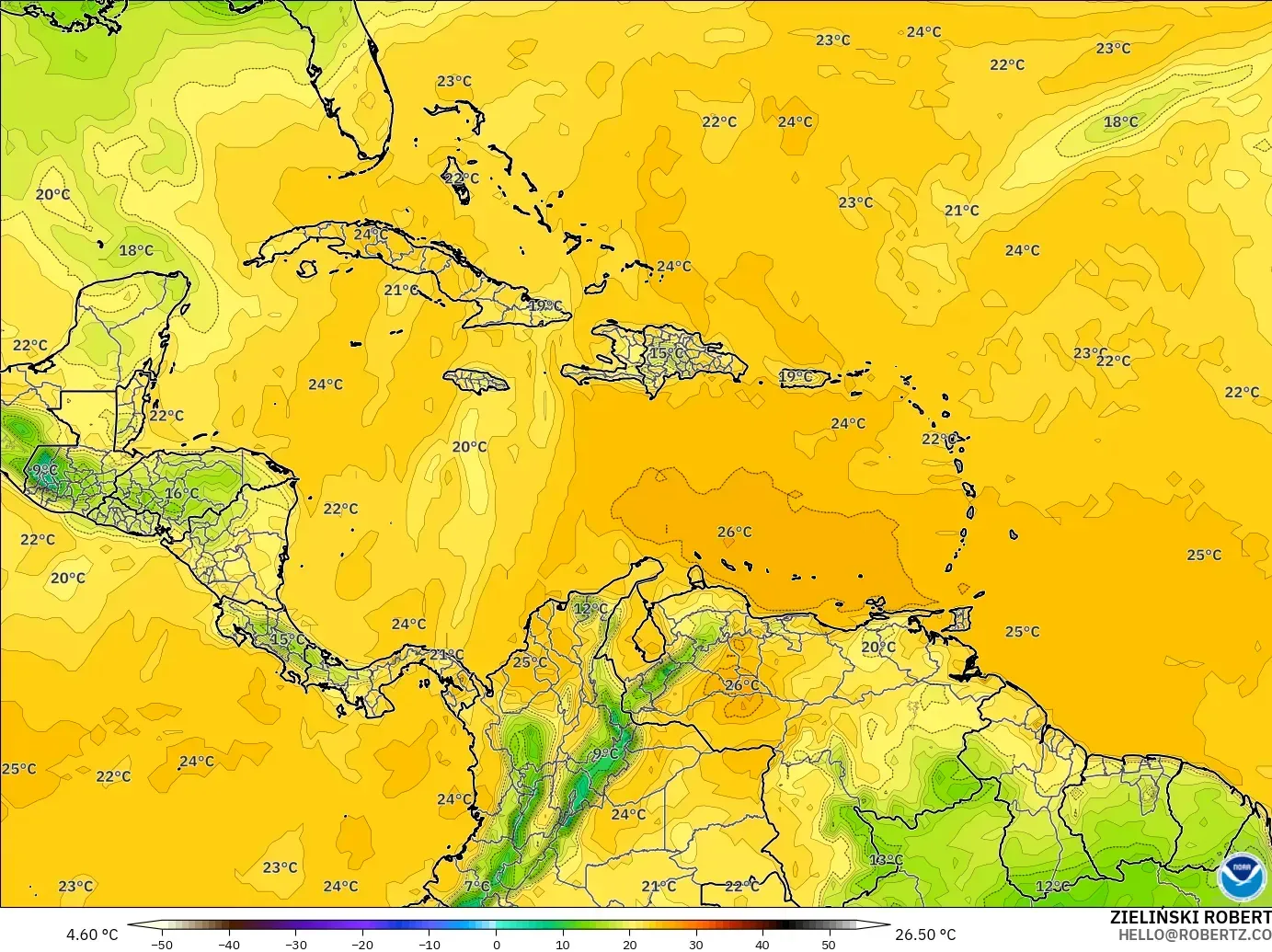 GFS model - Caribbean, Dewpoint at 2m