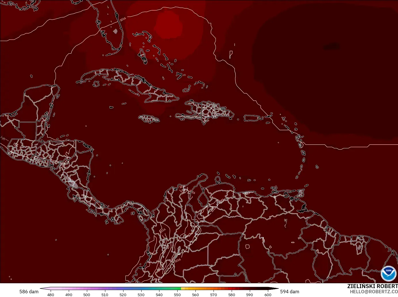 GFS model - Caribbean, Geopotential height at 500hPa
