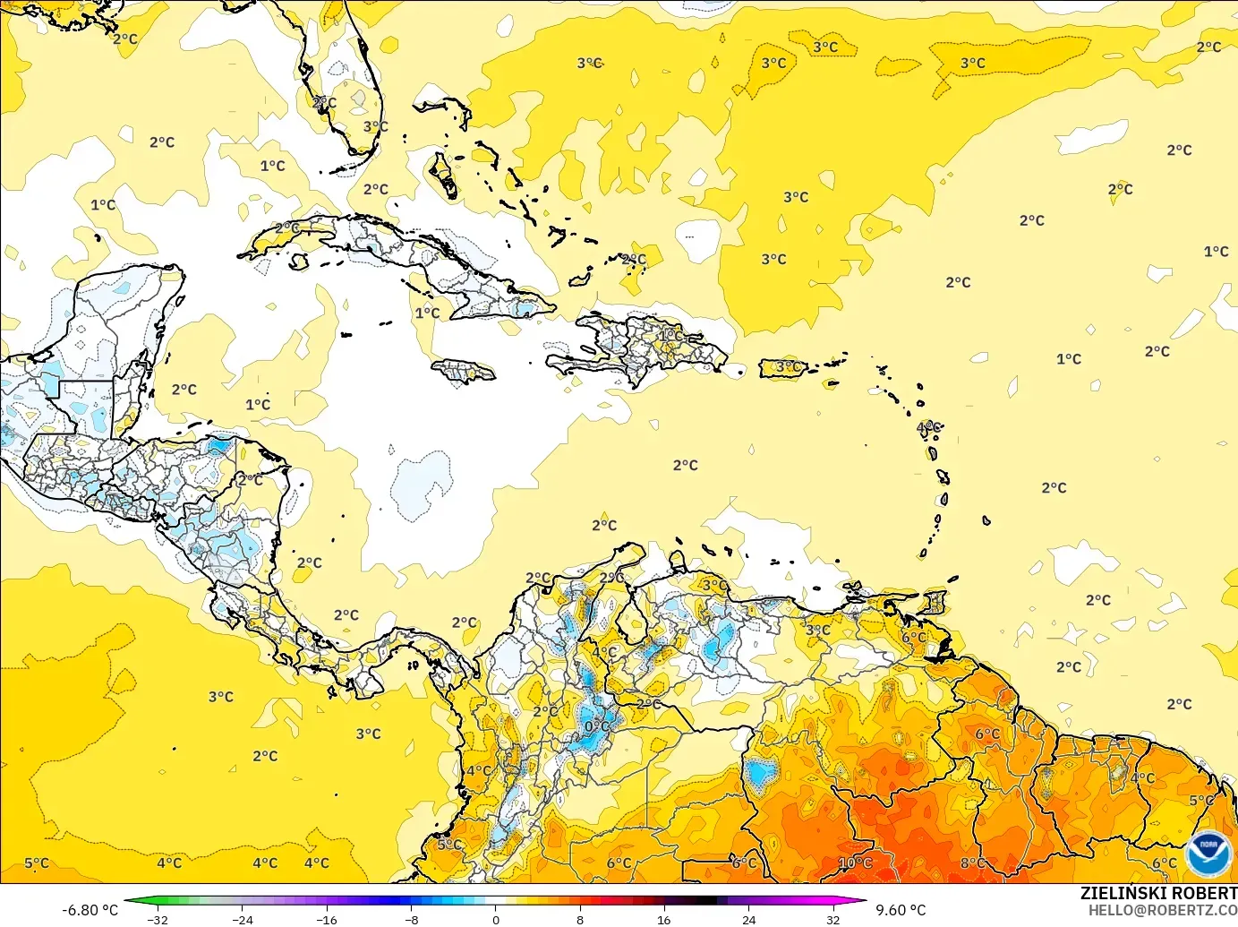 GFS model - Caribbean, Temperature at 2m Anomaly