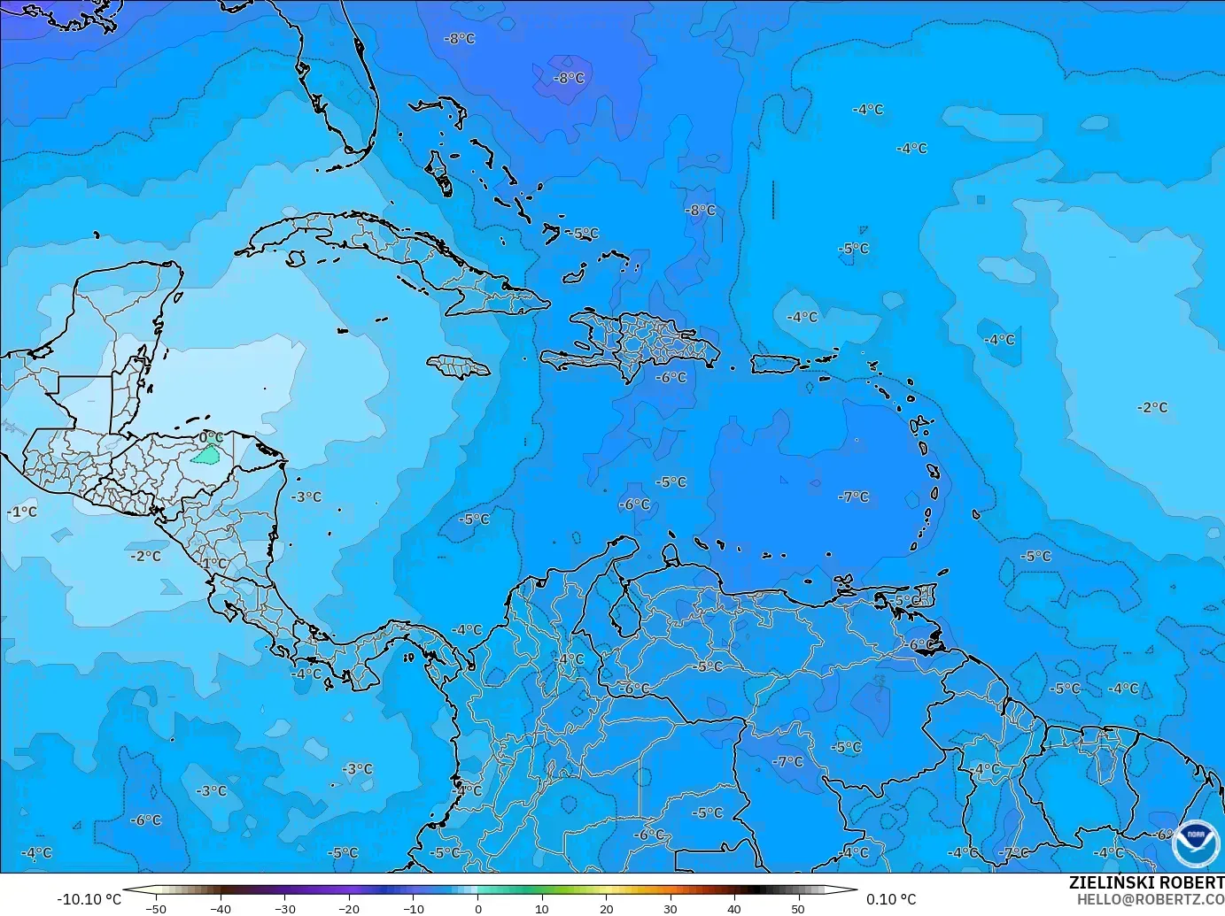 GFS model - Caribbean, Temperature at 500hPa
