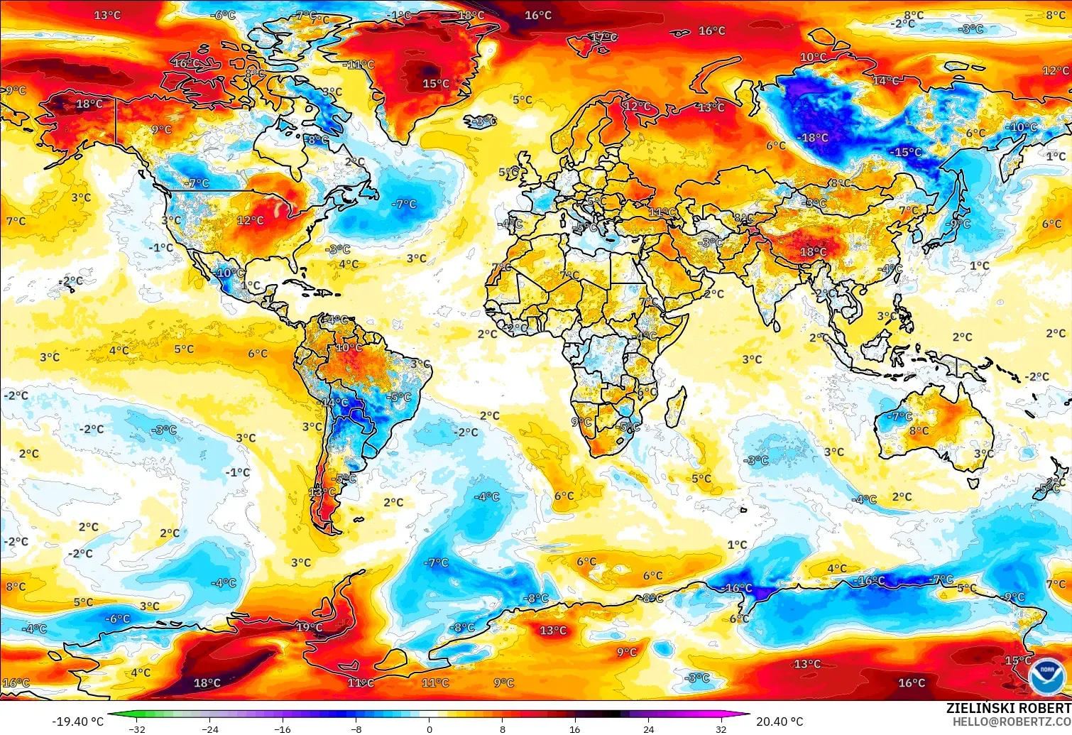 GFS model - World, Temperature at 2m Anomaly