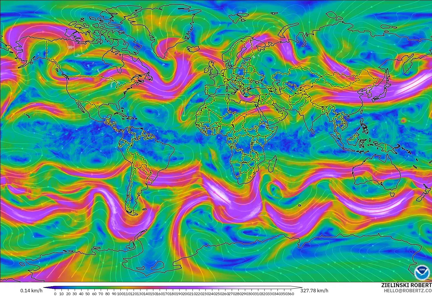 GFS model - World, Wind at 300hPa (jet stream)