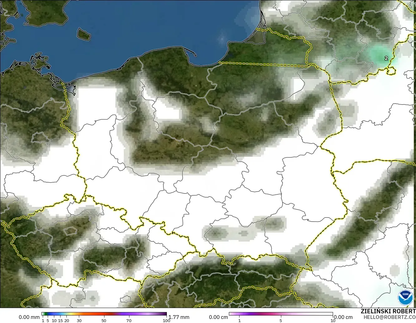 GFS model - Poland, Precipitation, Clouds, and Pressure