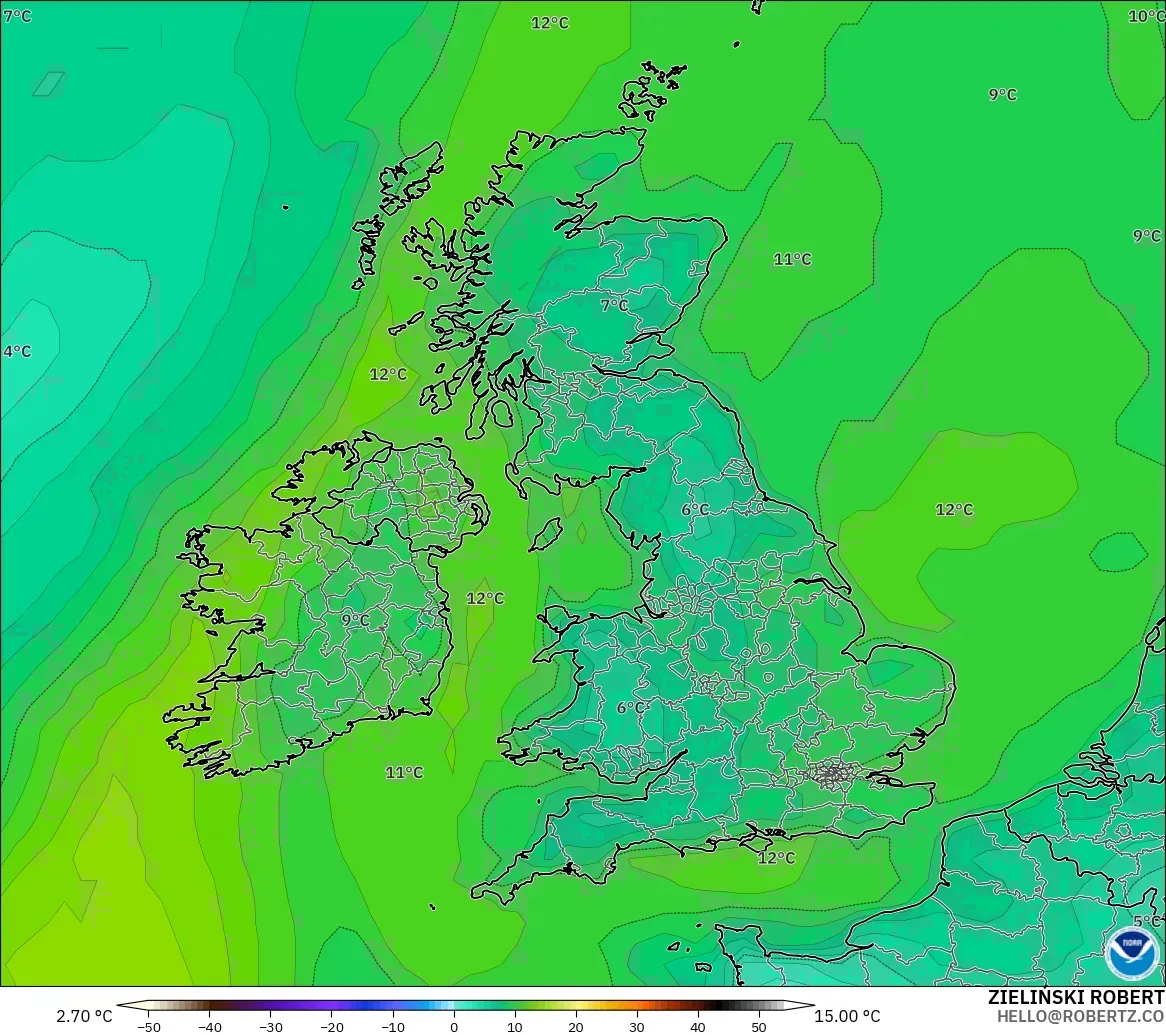 GFS model - United Kingdom, Dewpoint at 2m