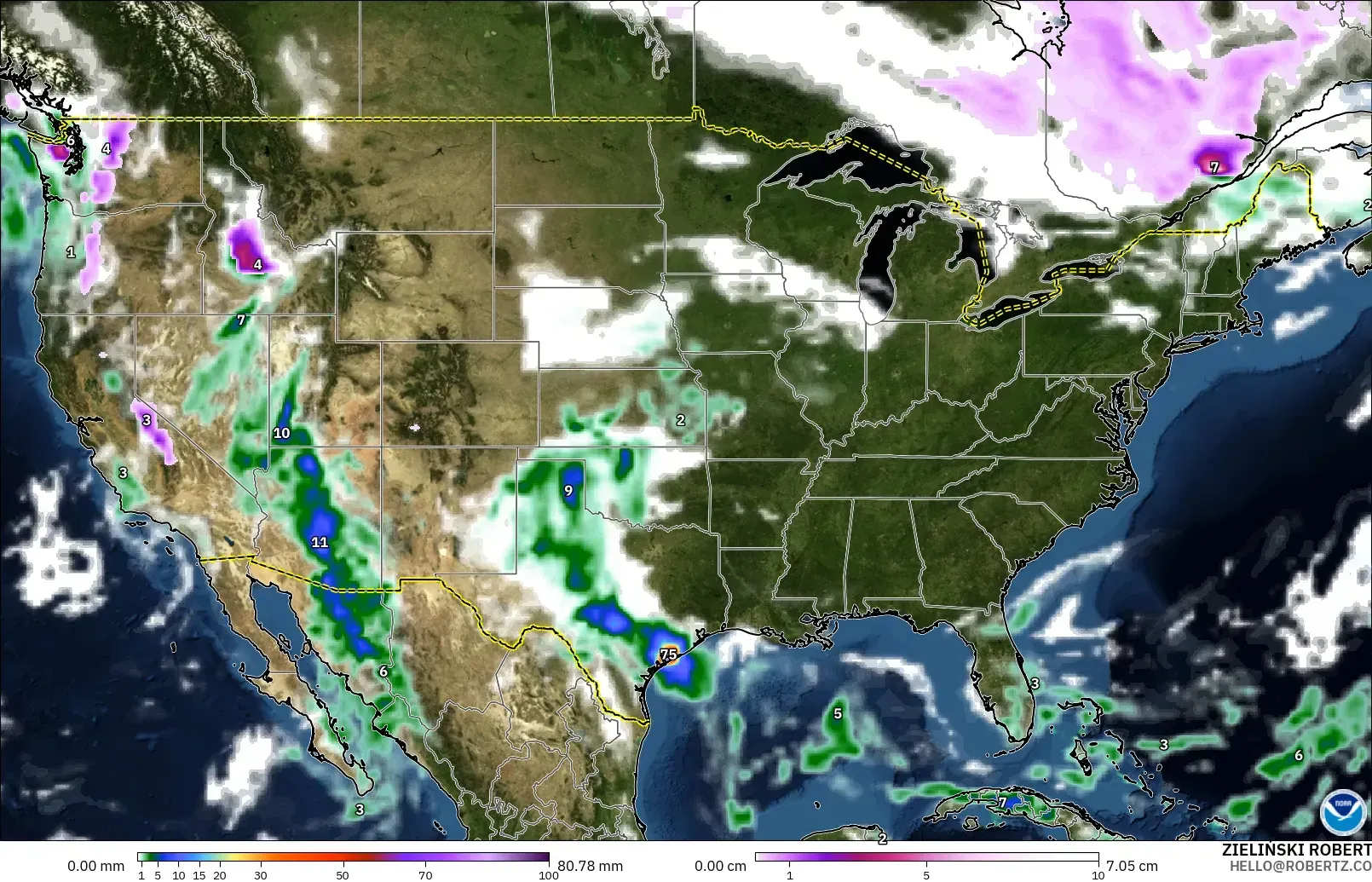 GFS model - United States, Precipitation, Clouds, and Pressure