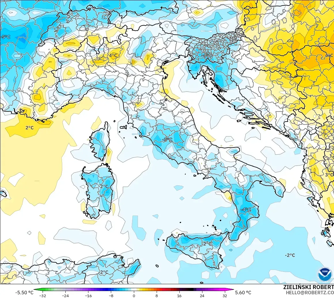 GFS model - Italy, Temperature at 2m Anomaly