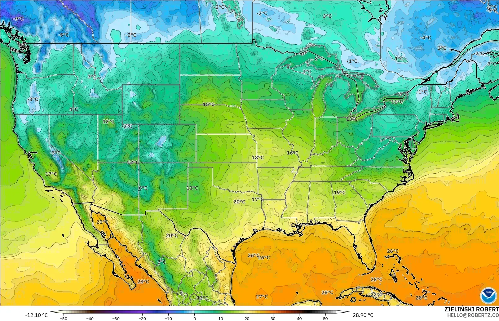 GFS model - United States, Temperature at 2m