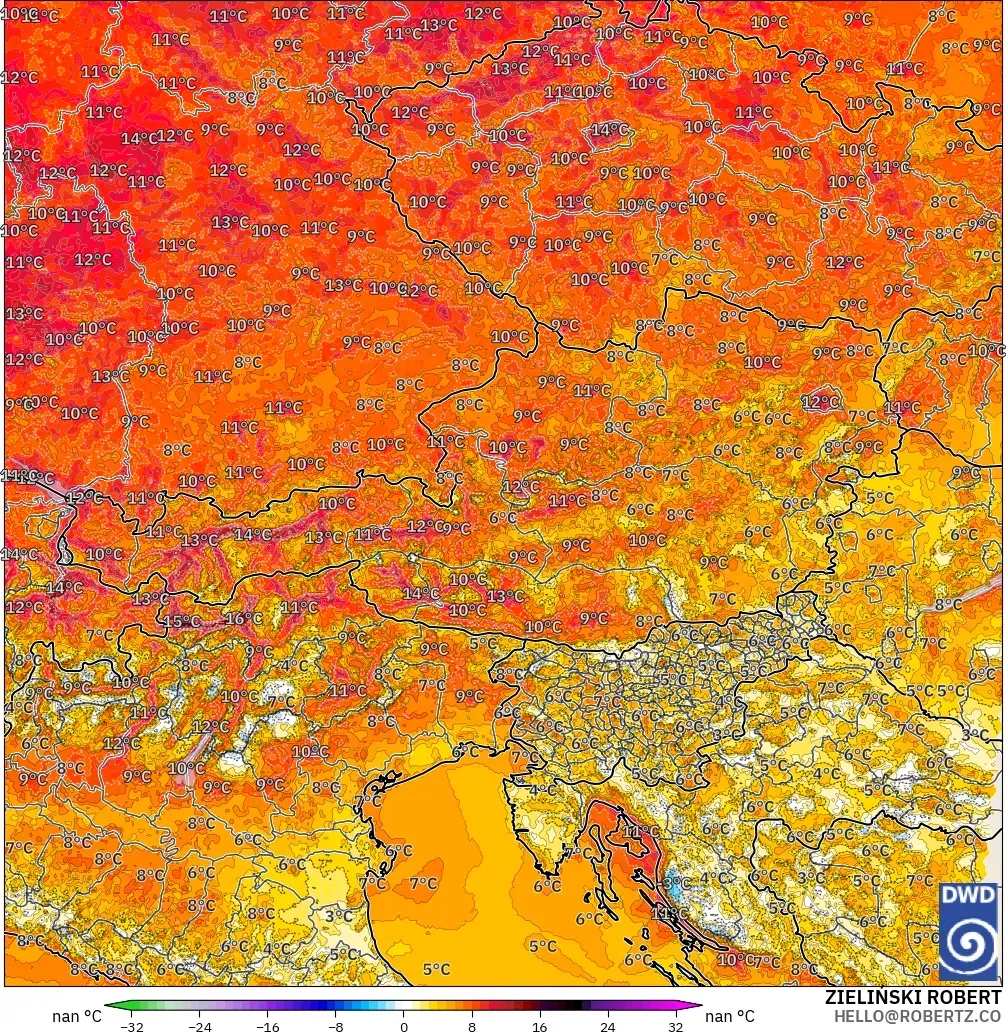 ICON Germany 2 km model - Austria, Temperature at 2m Anomaly