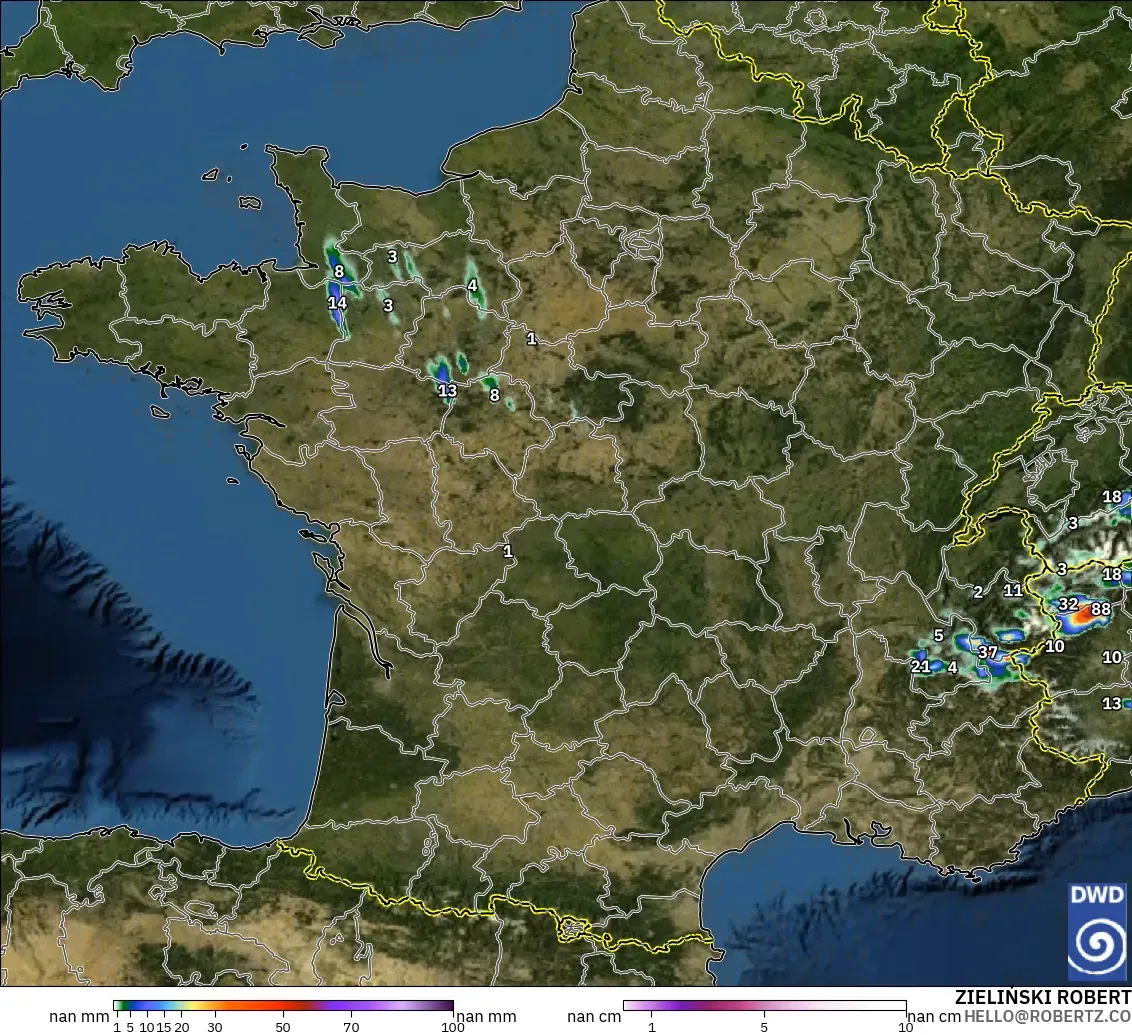 ICON Germany 2 km model - France, Precipitation, Clouds, and Pressure