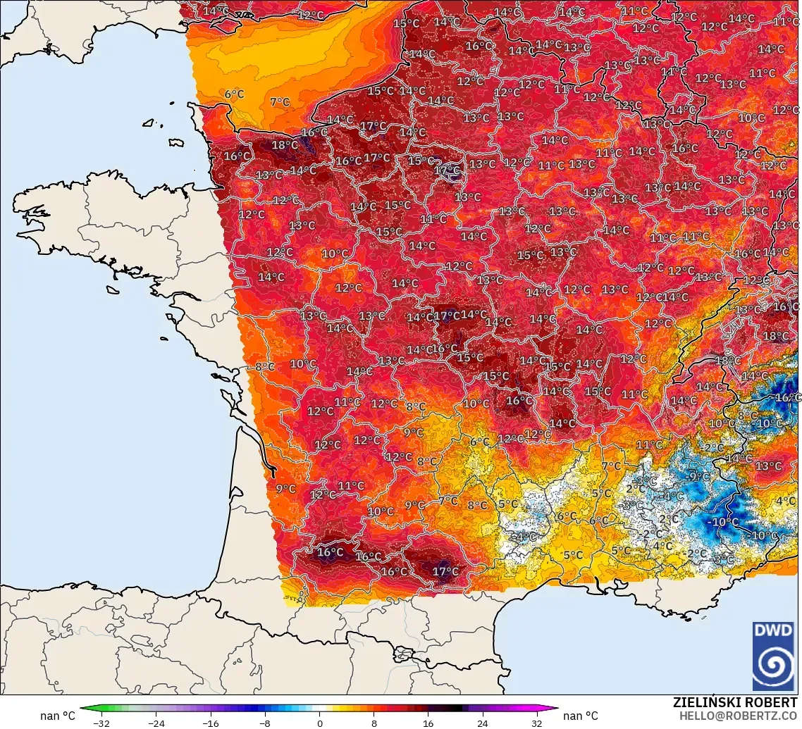 ICON Germany 2 km model - France, Temperature at 2m Anomaly