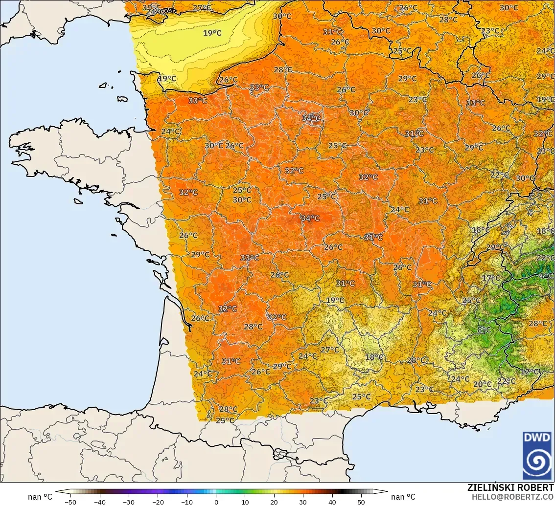 ICON Germany 2 km model - France, Temperature at 2m