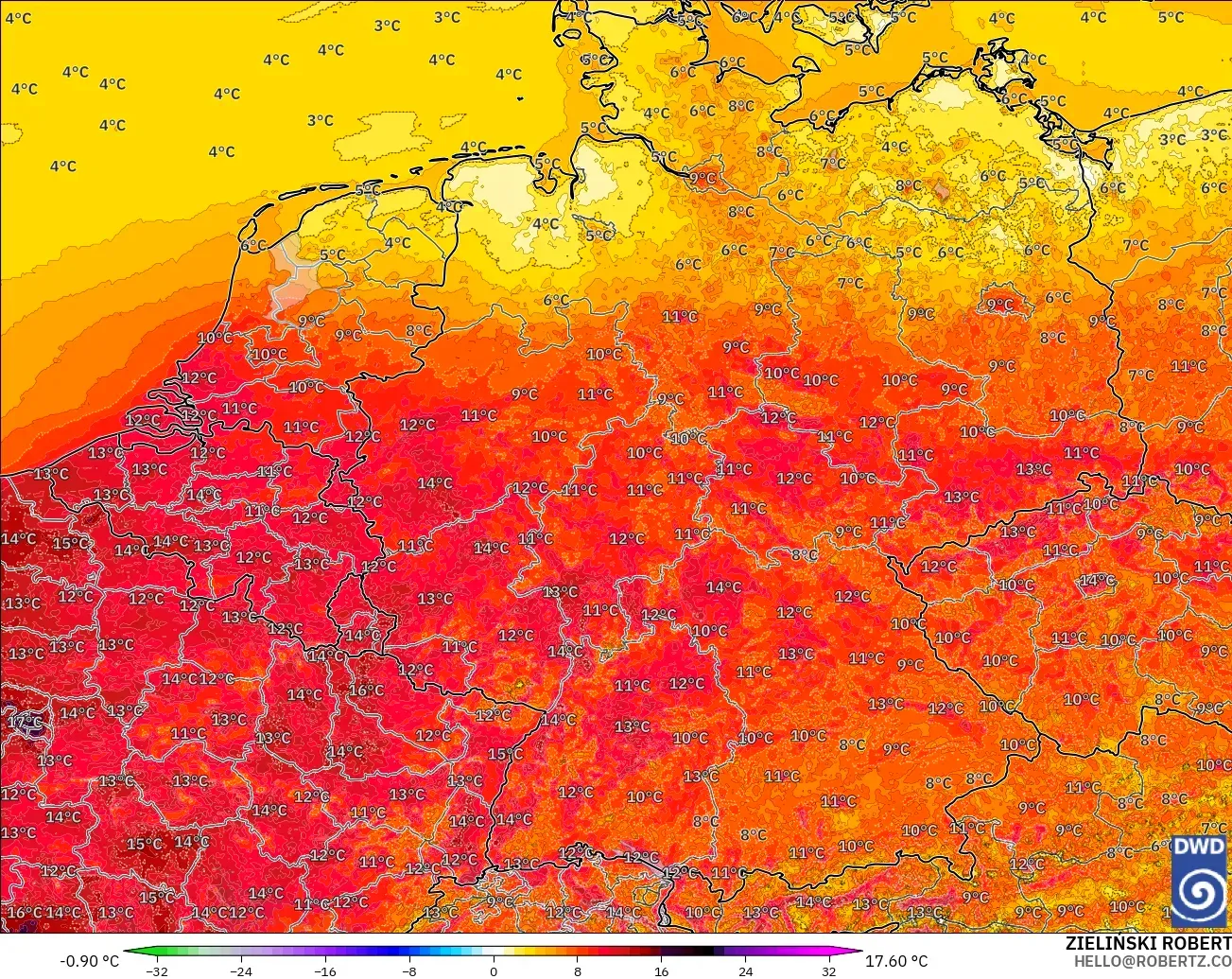 ICON Germany 2 km model - Germany, Temperature at 2m Anomaly